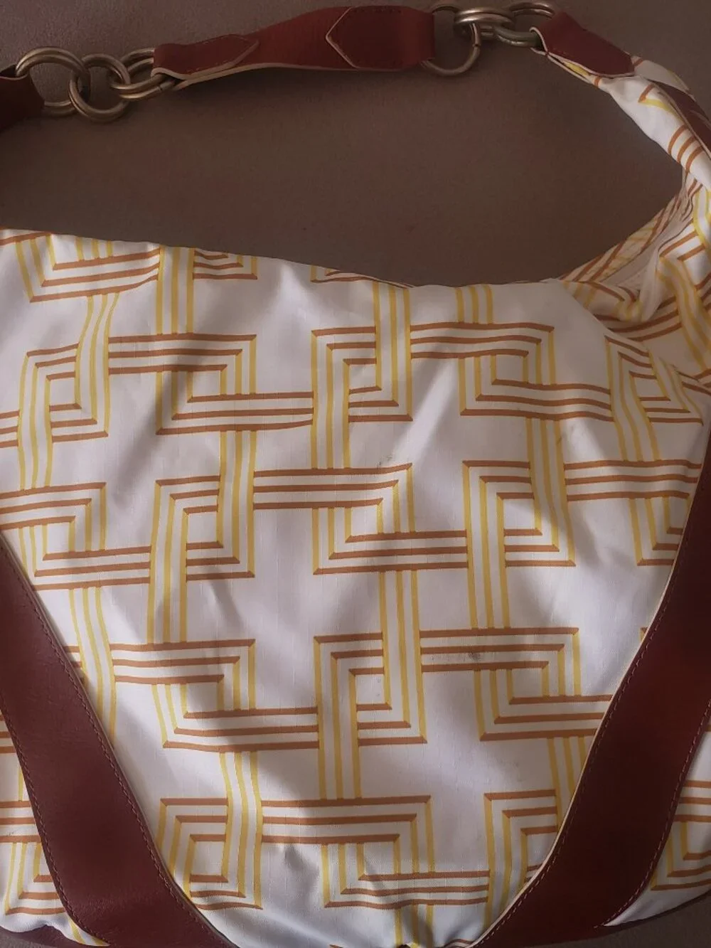 LeSportsac Rare Geometric Hobo Shoulder Bag Yellow Brown White